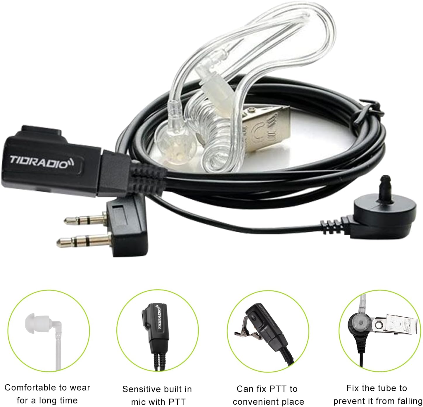TIDRADIO Walkie Talkie Earpiece with Mic (Includes Earmolds and Ear Buds) 2 Pin Acoustic Tube Headset TD-M8s TD-V2 Retevis H-777 RT21 RT22 RT68 Baofeng UV-5R BF-888S 2 Way Radio