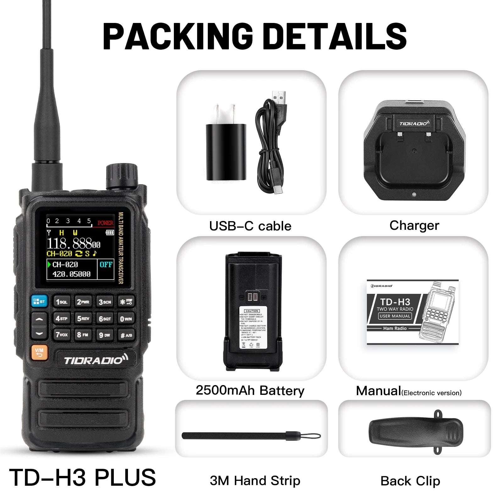 New Upgraded TIDRADIO H3 Plus Ham GMRS Unlocked Global Repeater Bluetooth Answerphone Air Band Long Range Wireless Programming AM airband  Wireless  Portable Radio with Upgradable firmware